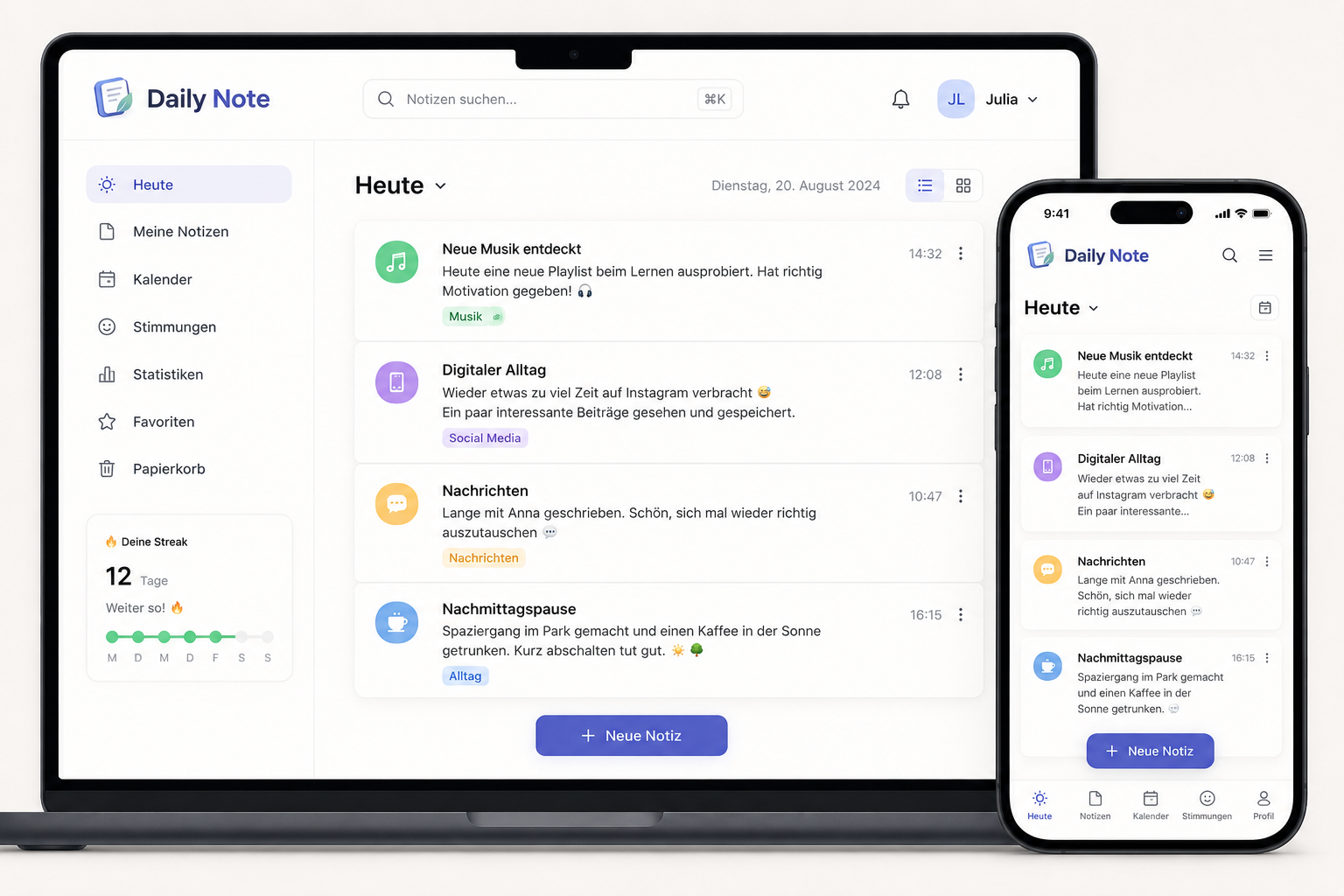 Darstellung der Daily Note Plattform