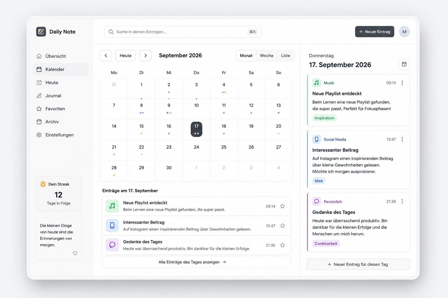 Kalender- und Journalansicht von Daily Note